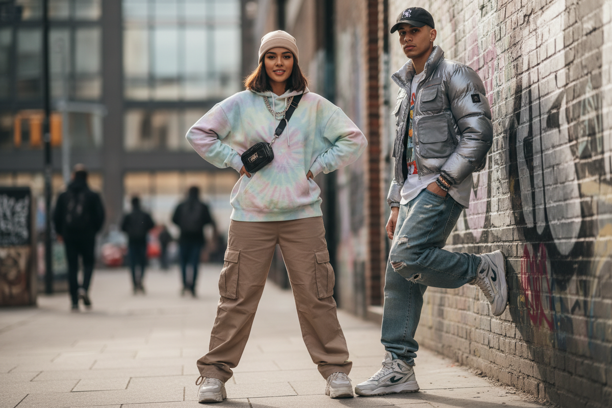 I WANT A PICTURE ABOUT A YORGER WOMAN AND A MAN WEARING A FASHION A CASUAL CLOTHES